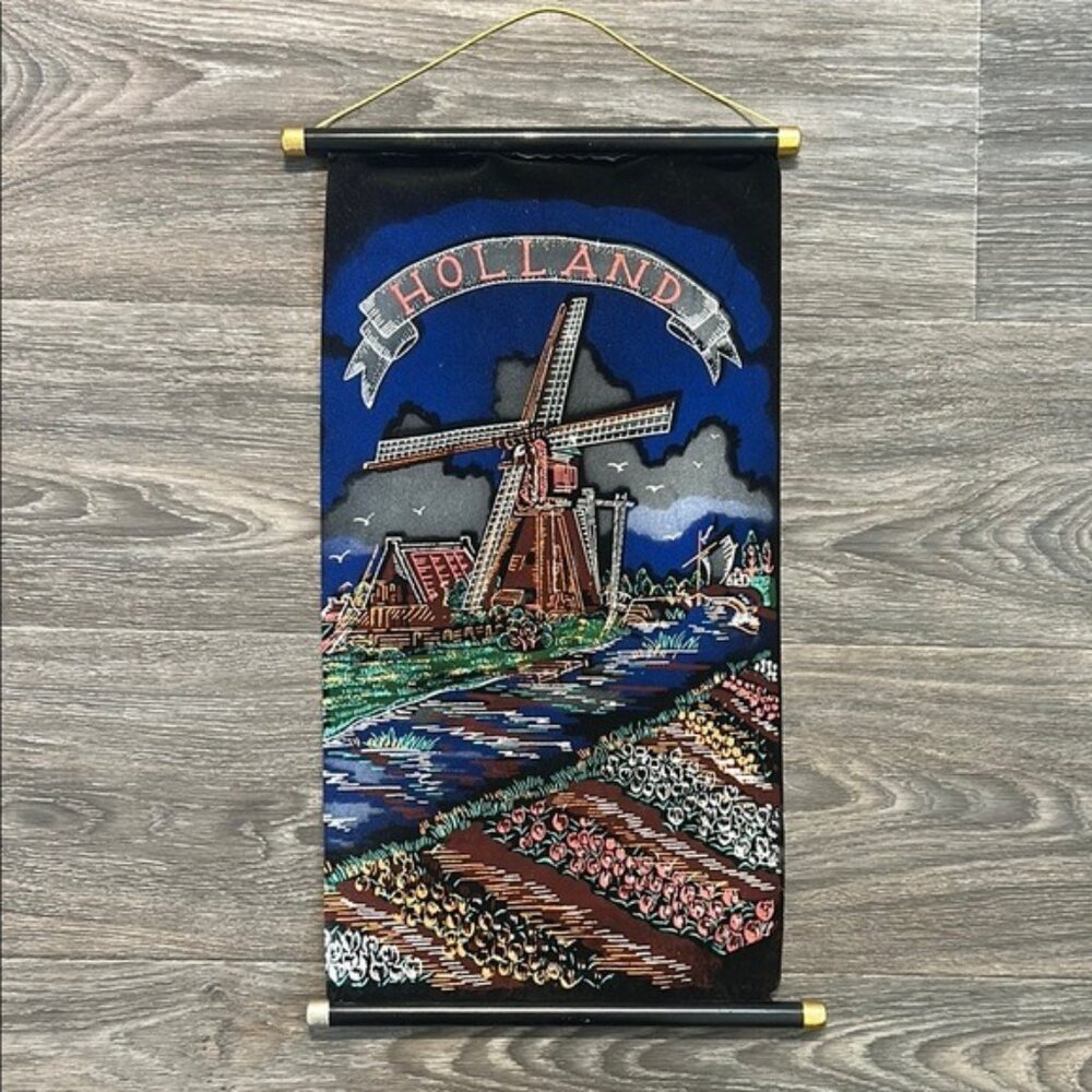 Vintage Tapestry Souvenir Hanging Holland Netherlands Velvet Scroll Wall Art 70s